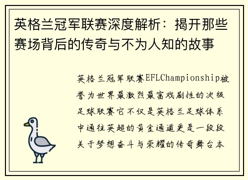 英格兰冠军联赛深度解析:揭开那些赛场背后的传奇与不为人知的故事 英格兰冠军联赛深度解析:揭开那些赛场背后的传奇与不为人知的故事