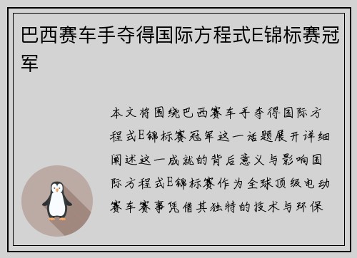 巴西赛车手夺得国际方程式E锦标赛冠军